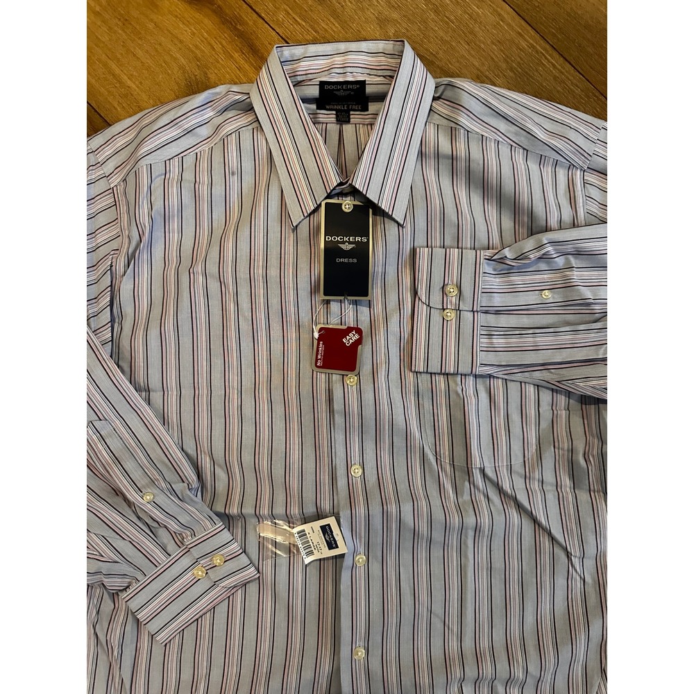 Dockers Mens XL Blue Striped Wrinkle Free Cotton Dress Shirt 17-17.5 32/33 NEW